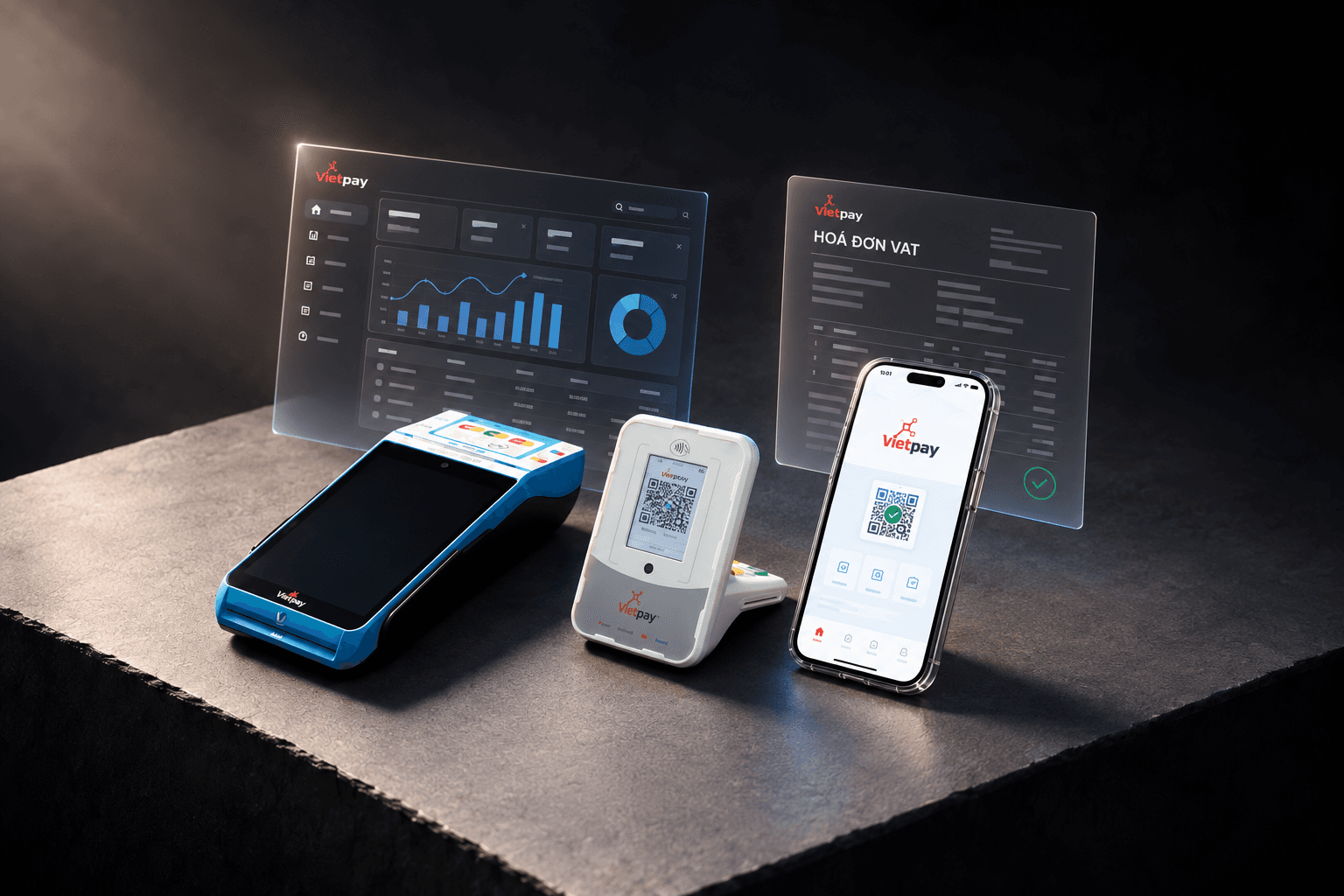 Hệ sinh thái sản phẩm VietPay gồm Smart POS, Smart Soundbox, ứng dụng VietPay, Business Portal, hoá đơn VAT và thanh toán từ xa